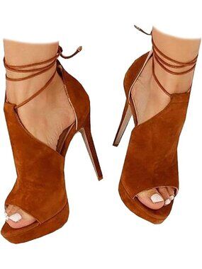 Women's Brown Peep Toe Platform Heels Sandals Strappy Lace Up Tie Stiletto Shoes